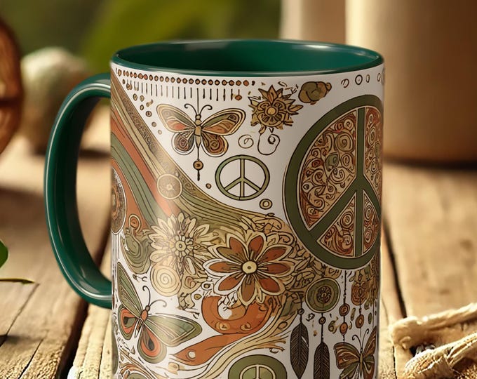 Vintage Boho Mug – Retro 70s Peace Sign Coffee Cup with Floral Art