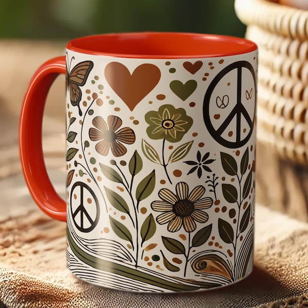 Hippie Peace Zeichen Tasse - Blumige Retro Kaffeetasse für Naturliebhaber