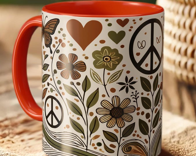 Hippie Peace Sign Mug – Floral Retro Coffee Cup for Nature Lovers