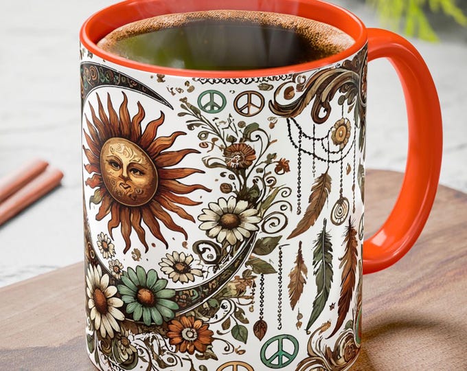 Sun and Moon Mug – Boho Celestial Coffee Cup with Floral Nature Art