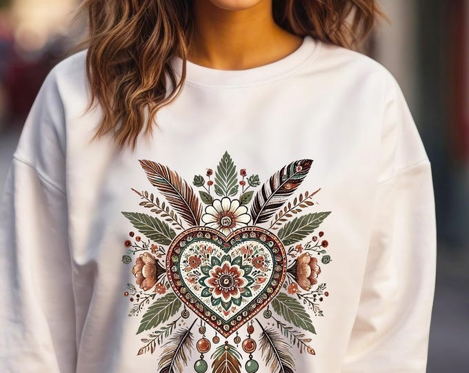 Boho Heart Sweatshirt – Floral Dreamcatcher Pullover for Women