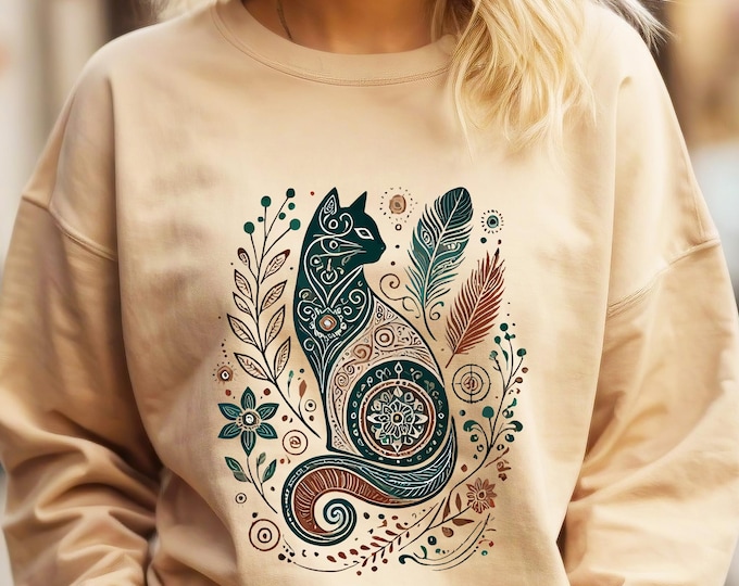 Boho Cat Sweatshirt – Floral Cat Pullover for Women