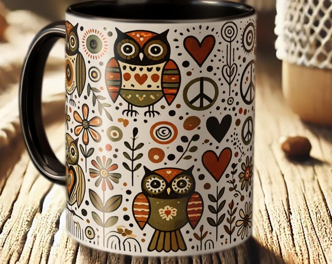 Owl Mug – Boho Coffee Cup with Nature Lover Folk Art
