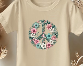 Girls Peace Sign Shirt – Boho Floral Kids Tee with Flower Graphic