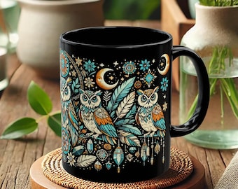 Celestial Owl Mug – Moon and Stars Coffee Cup with Forest Night Art
