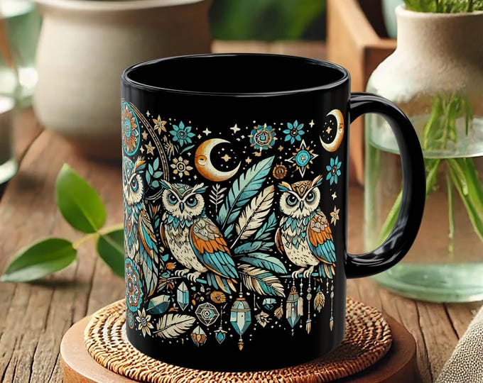 Celestial Owl Mug – Moon and Stars Coffee Cup with Forest Night Art