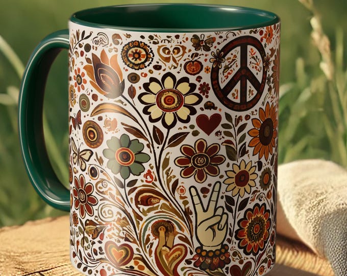 Hippie Floral Mug – Retro 70s Coffee Cup, Boho Groovy Drinkware, Flower Power Gift