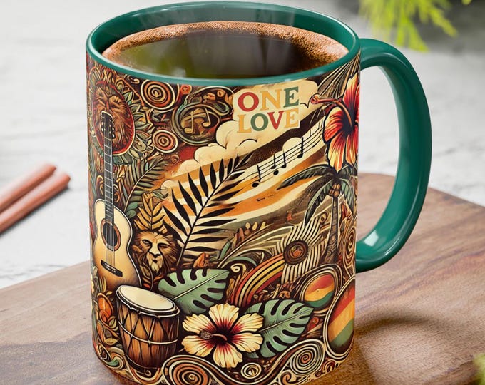 Bohemian Vibes Mug – Tropical Retro Coffee Cup, Hippie Floral One Love Ceramic Mug