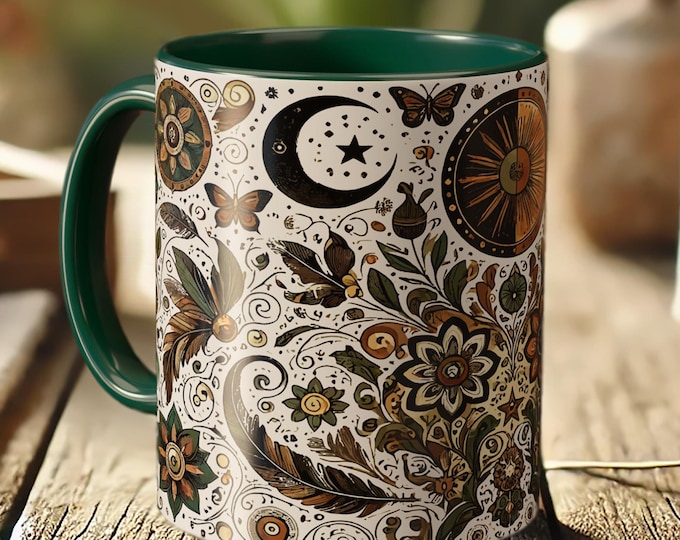Celestial Floral Mug – Moon & Sun Boho Coffee Cup, Cottagecore Nature Gift for Her