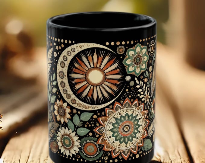 Boho Celestial Mug – Sun Moon Coffee Cup with Black Floral Mandala