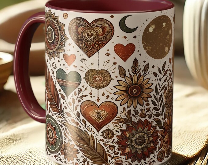Floral Heart Mug – Boho Love Coffee Cup with Decorative Heart Art