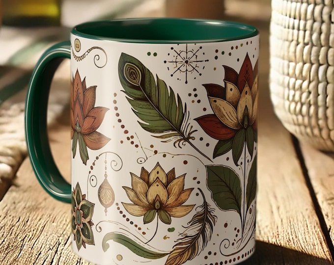 Boho Lotus Mug – Vintage Floral Coffee Design, Green Mandala Ceramic, Bohemian Art