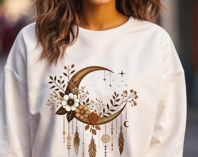 Boho Moon Floral Sweatshirt – Dreamcatcher Feather Spiritual Pullover