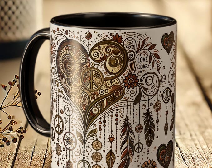 Boho Heart Mug – Mandala Peace Love Coffee Cup, Hippie Gift Mug
