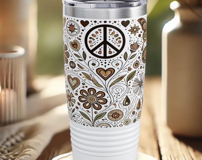 70s Peace Sign Tumbler – Retro Floral Stainless Steel Travel Cup