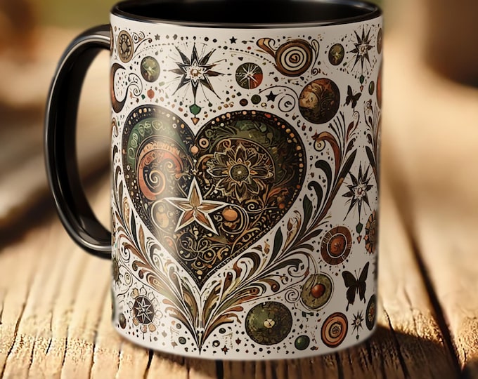 Celestial Heart Mug – Boho Cosmic Coffee Cup with Moon and Star Art