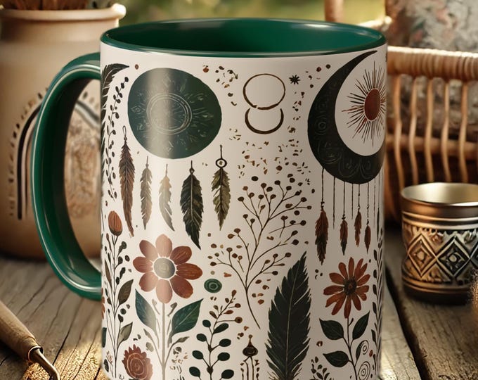 Moon Phases Boho Coffee Mug – Celestial Nature Ceramic Cup, Feathers & Flowers Design