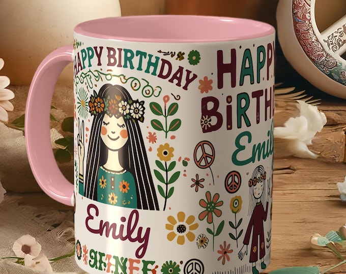 Personalized Birthday Mug – Boho Floral Peace Sign Coffee Cup, Custom Name Gift for Her