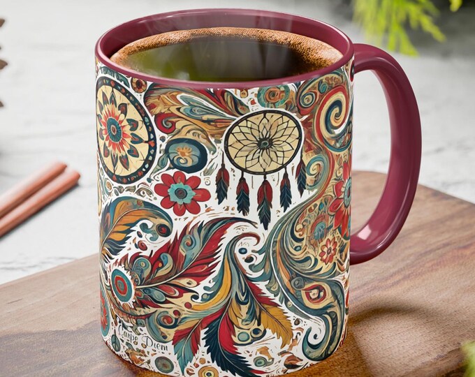 Paisley Dreamcatcher Mug – Boho Floral Coffee Cup with Hippie Art