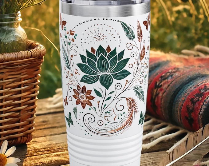 Lotus Flower Tumbler – Boho Insulated Travel Mug with Buddha Style