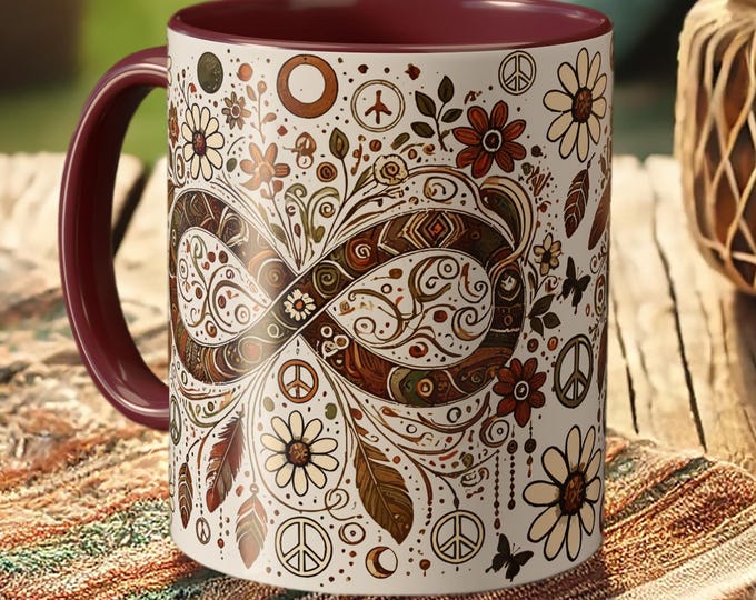 Peace Infinity Mug – Spiritual Boho Coffee Cup with Floral Art