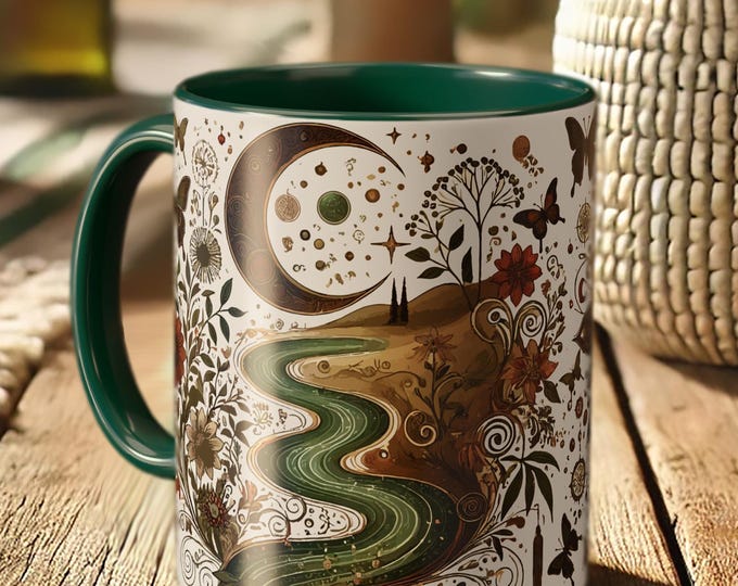 Celestial Moon Mug – Boho Astrology Coffee Cup with Cosmic Landscape