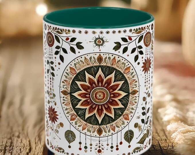 Mandala Coffee Mug – Boho Floral Folk Art Cup with Celestial Style