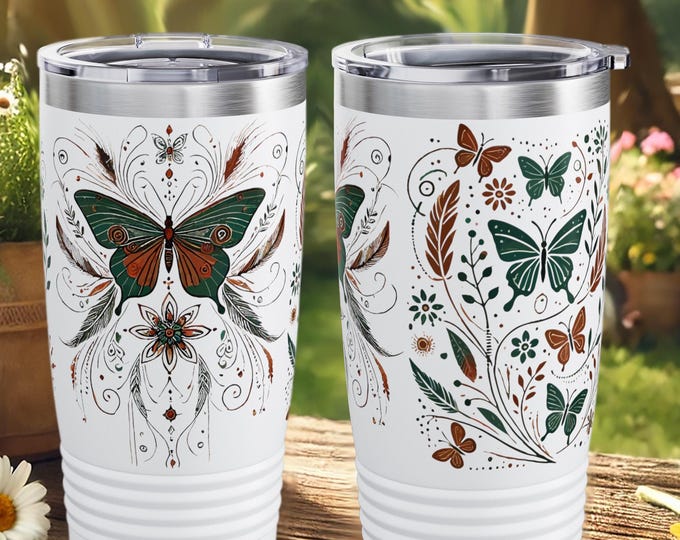 Boho Butterfly Tumbler – Floral Stainless Steel Travel Mug with Lid