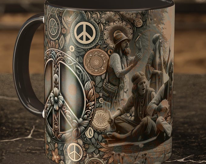 70s Festival Mug – Hippie Retro Coffee Cup with Peace Sign Art