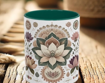 Boho Lotus Mug – Mandala Coffee Cup, Yoga Lover Gift, Meditation Drinkware, Spiritual Zen Mug