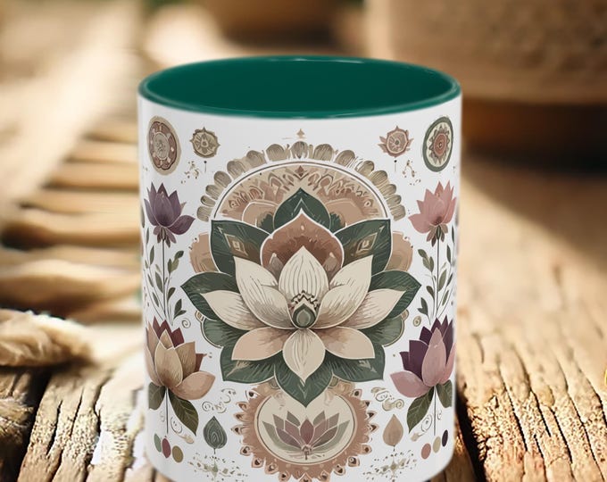 Boho Lotus Mug – Mandala Coffee Cup, Yoga Lover Gift, Meditation Drinkware, Spiritual Zen Mug