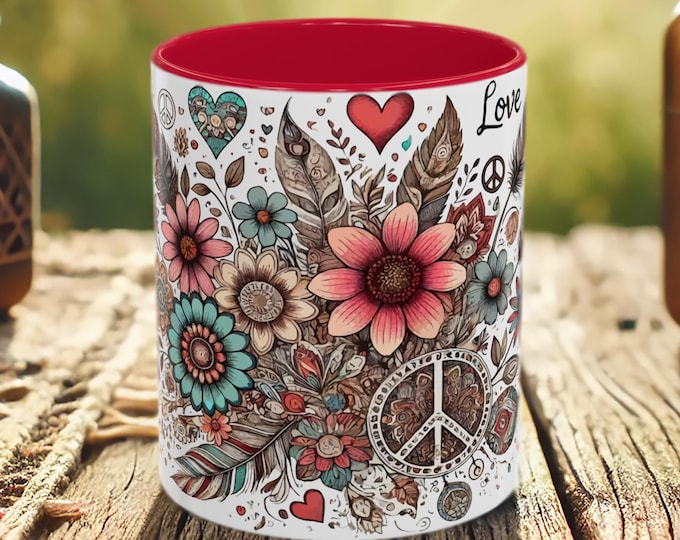 Retro Hippie Mug – Boho Peace Sign Coffee Cup with Floral Art