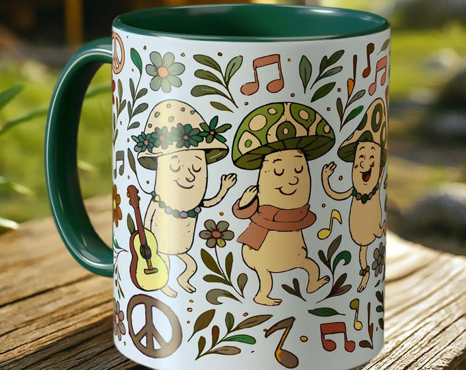 Boho Mushroom Mug – Hippie Music Art Coffee Cup, Festival Style Drinkware