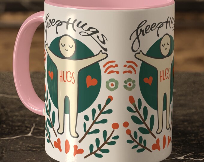Free Hugs Mug – Hug Illustration Coffee Cup with Positive Quote