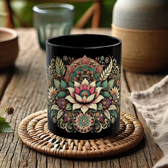 Mandala Lotus Coffee Mug – Boho Floral Ceramic Cup, Spiritual Art Mug, Zen Meditation Gift