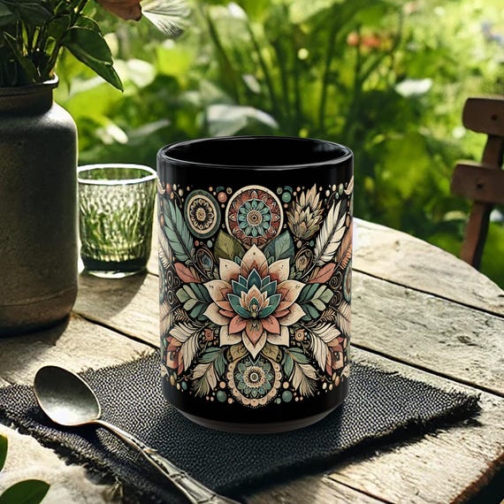 Bohemian Floral Black Mug – Mandala Ceramic Cup for Home Decor