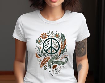 Peace Sign Floral Shirt – Boho Hippie Tee with Botanical Nature Art