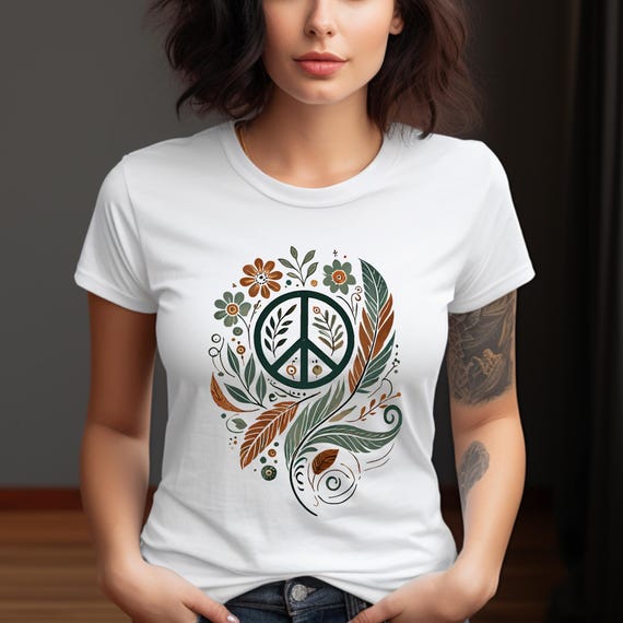 Peace Sign Floral Shirt – Boho Hippie Tee with Botanical Nature Art