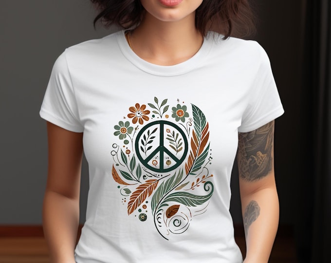 Peace Sign Floral Shirt – Boho Hippie Tee with Botanical Nature Art