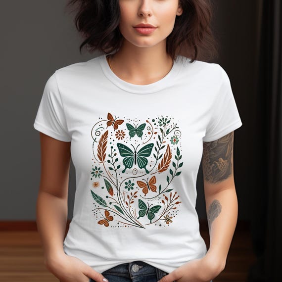 Butterfly T-Shirt for Women – Boho Nature Graphic Tee, Floral Botanical Shirt