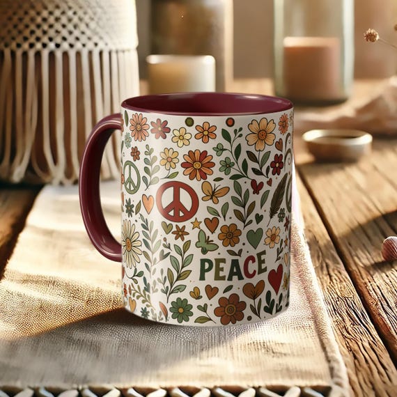 Floral Peace Sign Mug – Hippie Coffee Cup in Boho Style