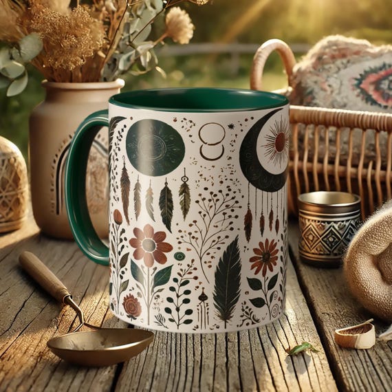 Moon Phases Boho Coffee Mug – Celestial Nature Ceramic Cup, Feathers & Flowers Design