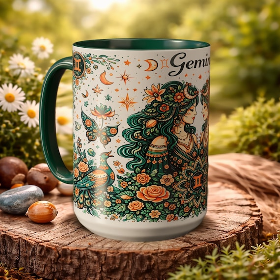Gemini Zodiac Twins Mug – Astrology Coffee Cup, Celestial Floral Design