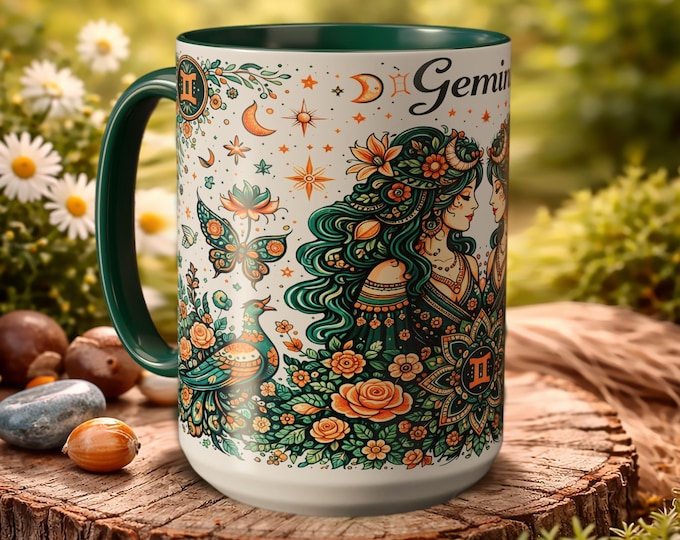 Gemini Zodiac Twins Mug – Astrology Coffee Cup, Celestial Floral Design