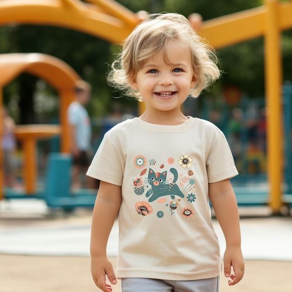 Toddler Cat T-Shirt – Floral Graphic Tee for Kids