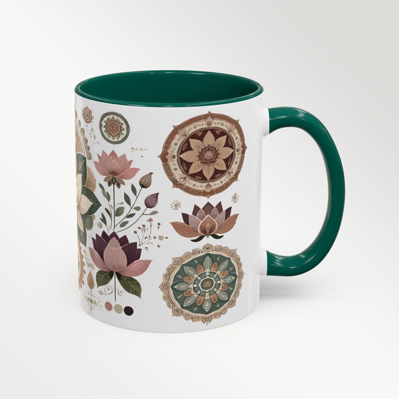 Mandala art mug with a beautifully detailed lotus flower, symbolizing mindfulness and inner peace. This ceramic yoga mug is perfect for meditation drinkware, offering a soothing experience with every sip. A whimsical mug design that blends bohemian elegance with spiritual decor. Great as a gift for yogis, a relaxation gift idea, or a zen kitchen decor piece. Microwave and dishwasher safe for everyday use.