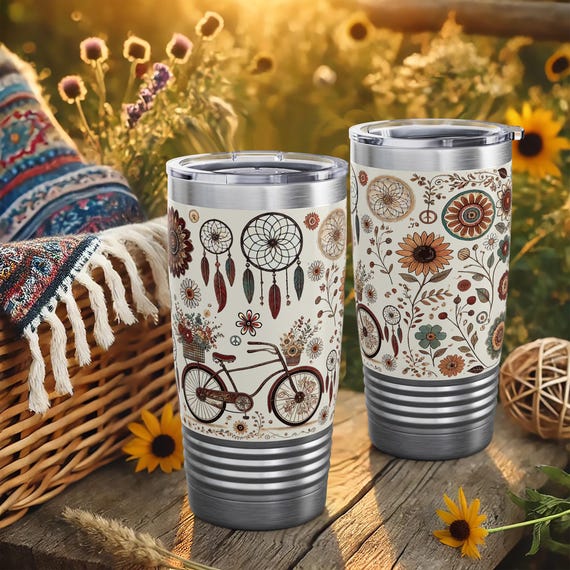 Boho Dreamcatcher Tumbler – Floral Stainless Steel Travel Mug