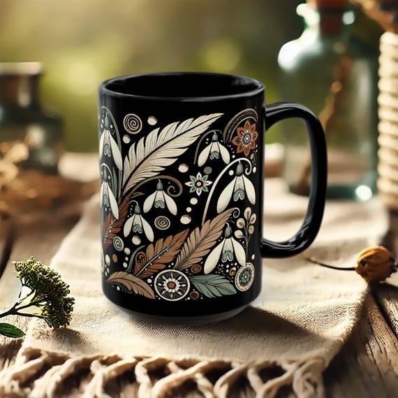 Boho Snowdrop Mug – Black Floral Coffee Cup, Nature Art Ceramic Drinkware Gift