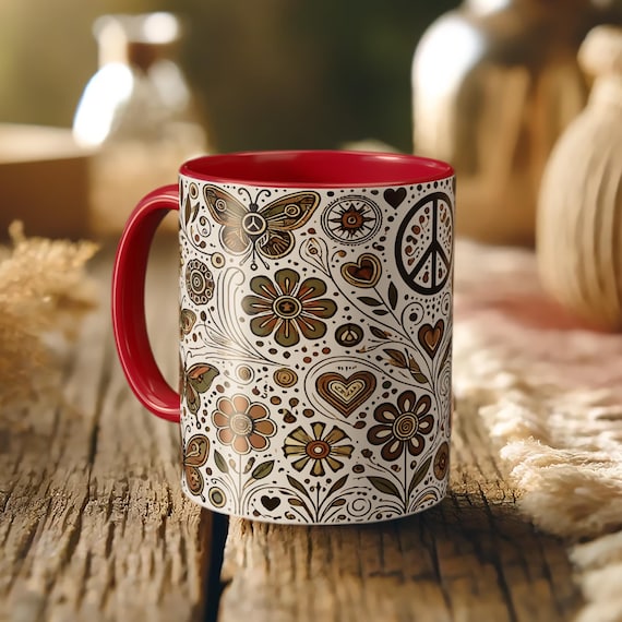 Funky Peace Sign Mug – Boho Floral Ceramic Coffee Cup