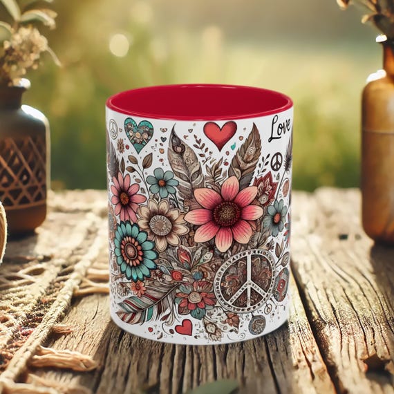 Retro Hippie Mug – Boho Peace Sign Coffee Cup with Floral Art